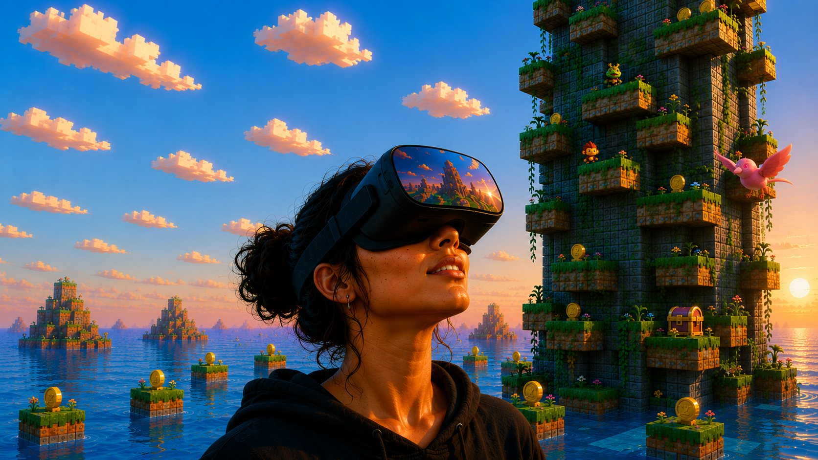 Player in a VR headset exploring the floating Monkey Tower islands at sunset