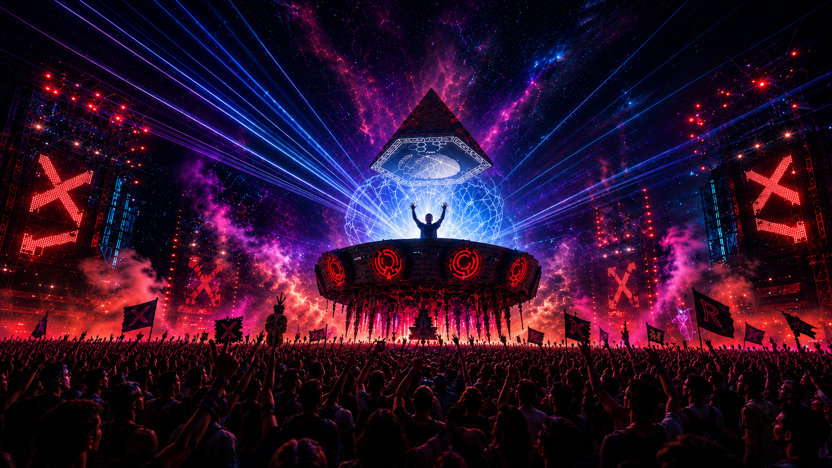 Excision Paradox stage with massive projection-mapped visuals over a festival crowd