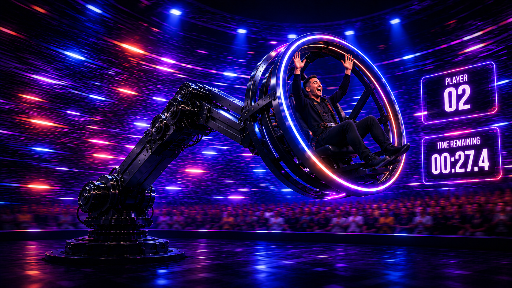 Player riding a robotic arm-chair inside the neon Mental Samurai arena