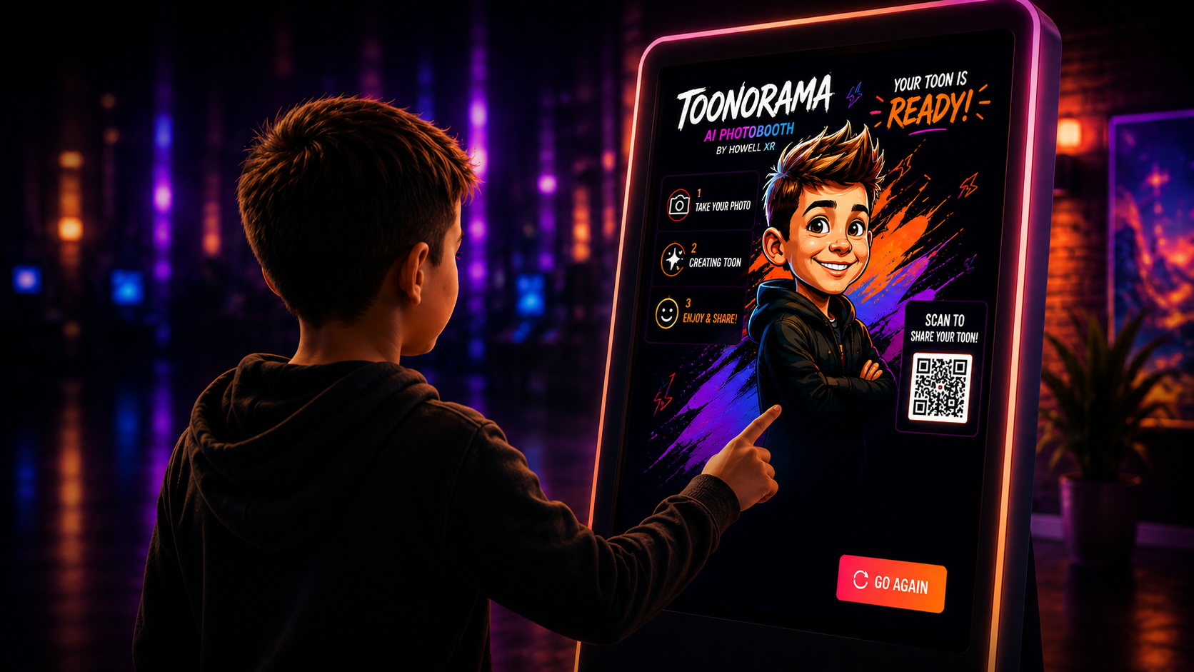 Guest using the Toonorama AI photobooth kiosk by Howell XR